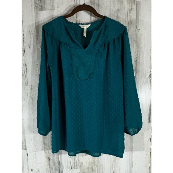 Matilda Jane Sheer Blouse Top Size Small Teal Green Swiss Dot Notch Neck READ - Picture 1 of 9